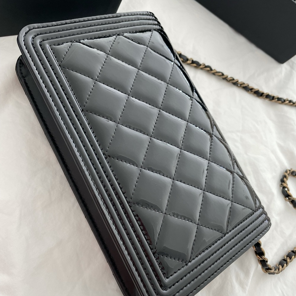 •SOLD to Fashionphile• CHANEL Patent Boy Wallet On Chain WOC Black - Picture 3 of 16